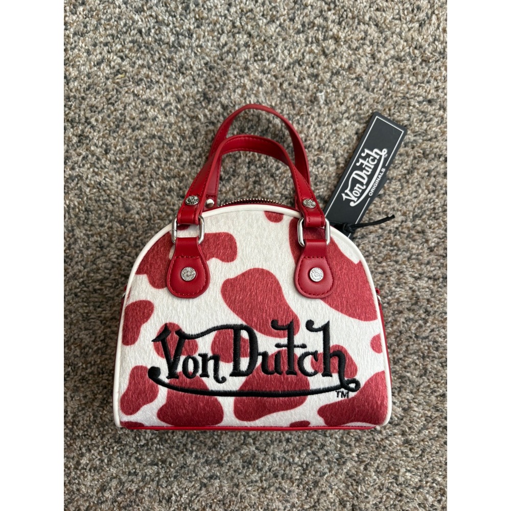 NWT Von Dutch COW PRINT VEGAN PONY HAIR BOWLING BAG, Red White